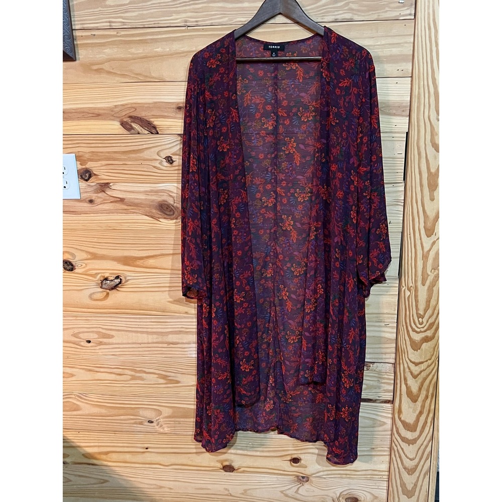 Torrid Womens 6X Purple Floral Open Front Sheer Duster Kimono Boho Cardigan